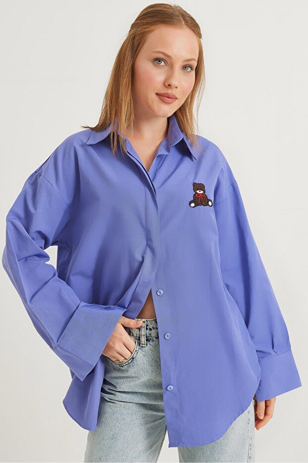 Ayıcık Nakışlı Oversize Basic Gömlek Lila - 3