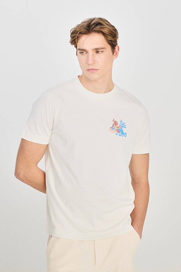 %100 Pamuk Regular Fit Normal Kesim Bisiklet Yaka Ekru Tişört - 1