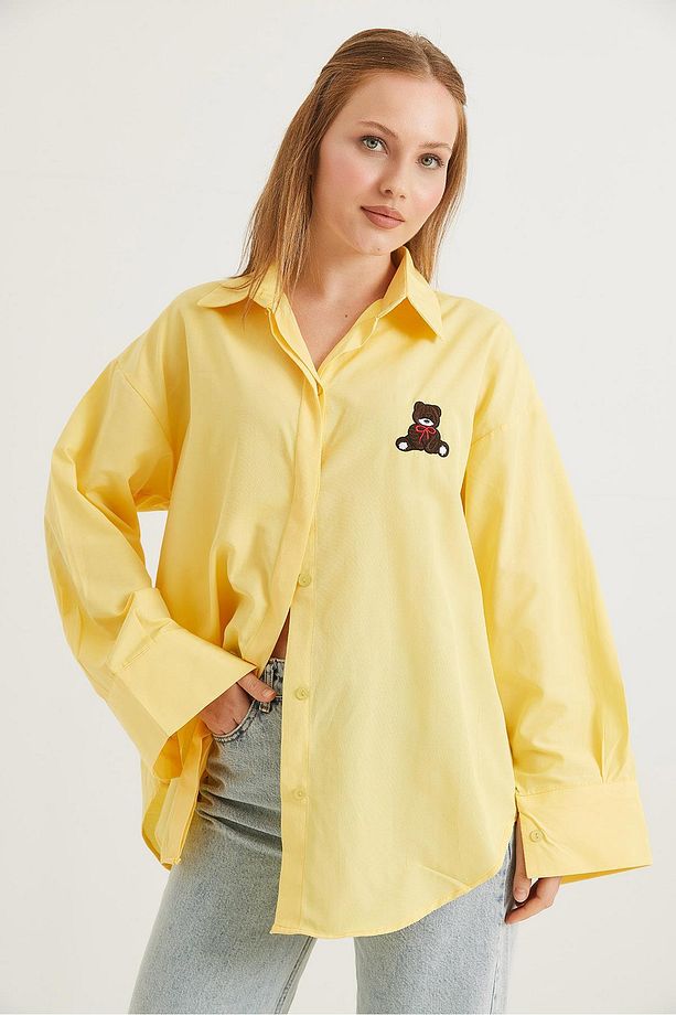 Ayıcık Nakışlı Oversize Basic Gömlek Sarı - 3