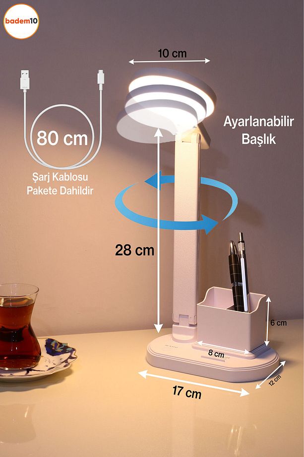 Şarjlı Dokunmatik Ledli 3 Renk Kademeli Işık Masa Üstü Lambası 10w Çocuk Ders Çalışma Okuma Işığı - 2