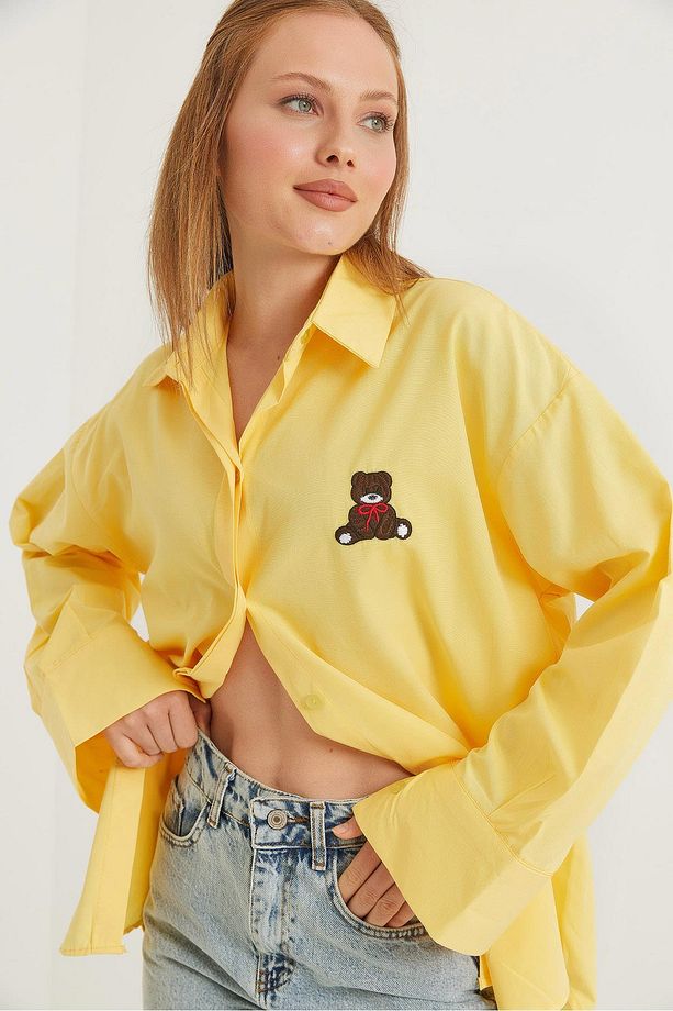 Ayıcık Nakışlı Oversize Basic Gömlek Sarı - 4