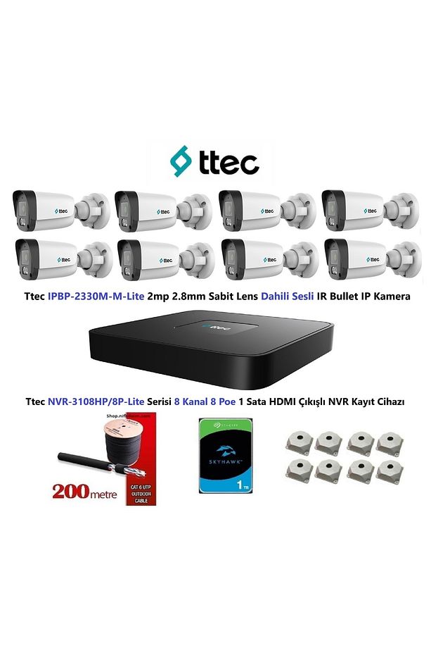 Nif Bilişim Ttec 2mp Mikrofonlu 8 Kameralı 1TB Disk Tak Çalıştır Hazır IP Kamera Seti - 1