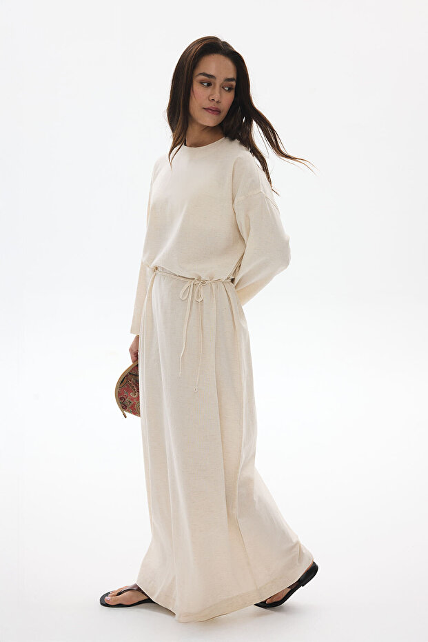 BASİC KETEN NATUREL ELBİSE - 5