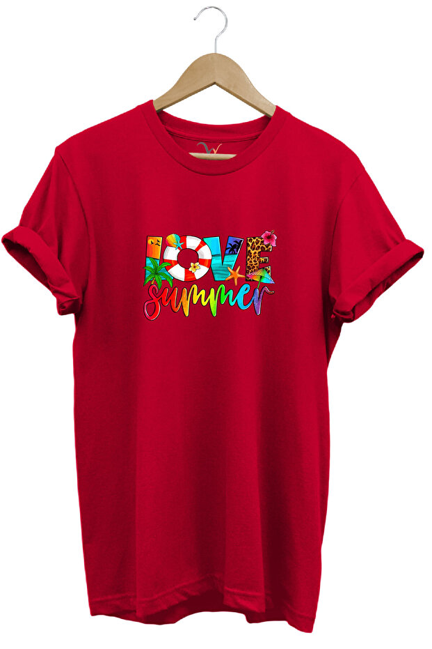 Summer Love Summer Text Printed Sea Coast Beach Patterned 100% Cotton Regular Fit Crew Neck T-Shirt