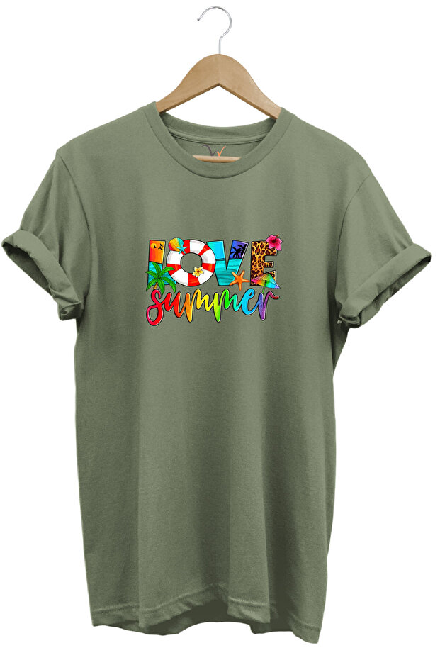 Summer Love Summer Text Print Seaside Sand Beach Design 100% Cotton Raglan Fit Biscuit T-Shirt