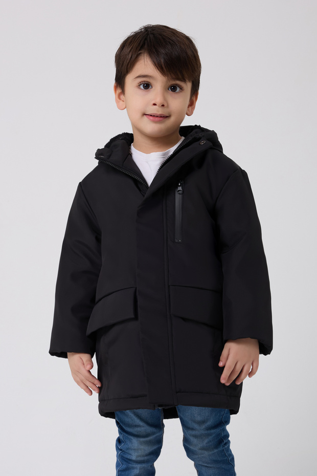 Sports Boy's Black Fur Water and Windproof Hooded 3-Coat Parka