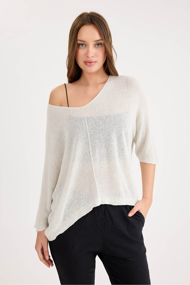 Yarım Kol Simli Triko Bluz - 1