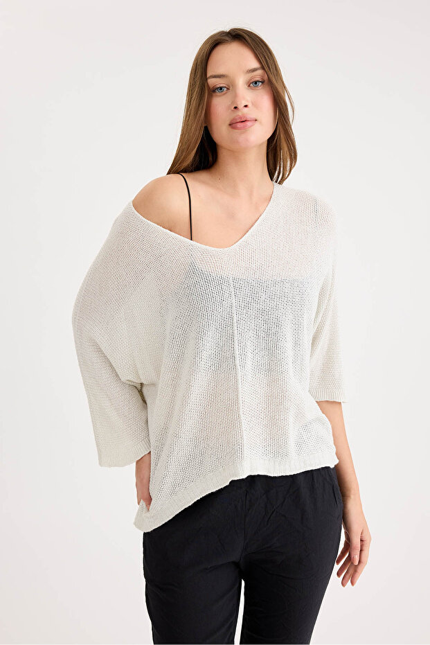 Yarım Kol Simli Triko Bluz - 2