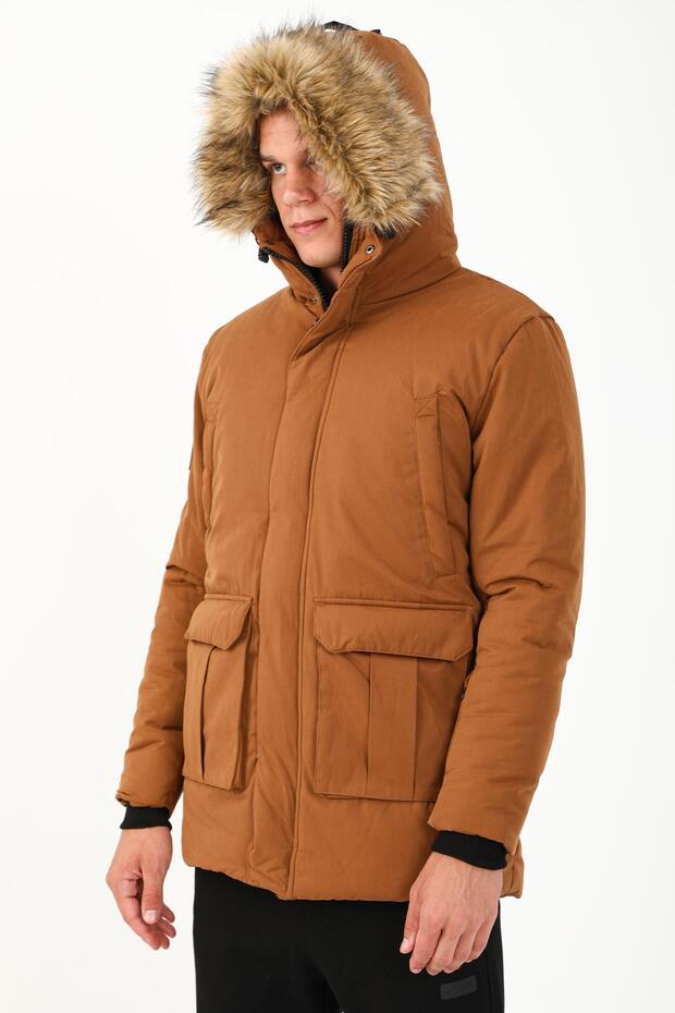 Regular Erkek Kapüşonlu Camel Parka - 3