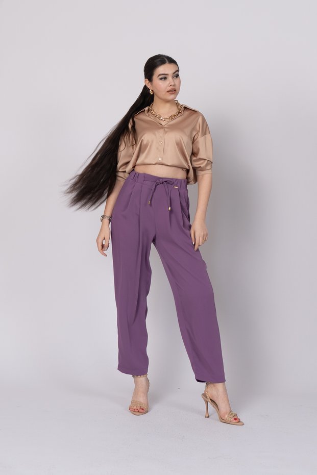 Women's Summer Lilac High Waist Front Pleated and Laced Elastic Waist Trousers Casual Daily Office Stylish 30244
