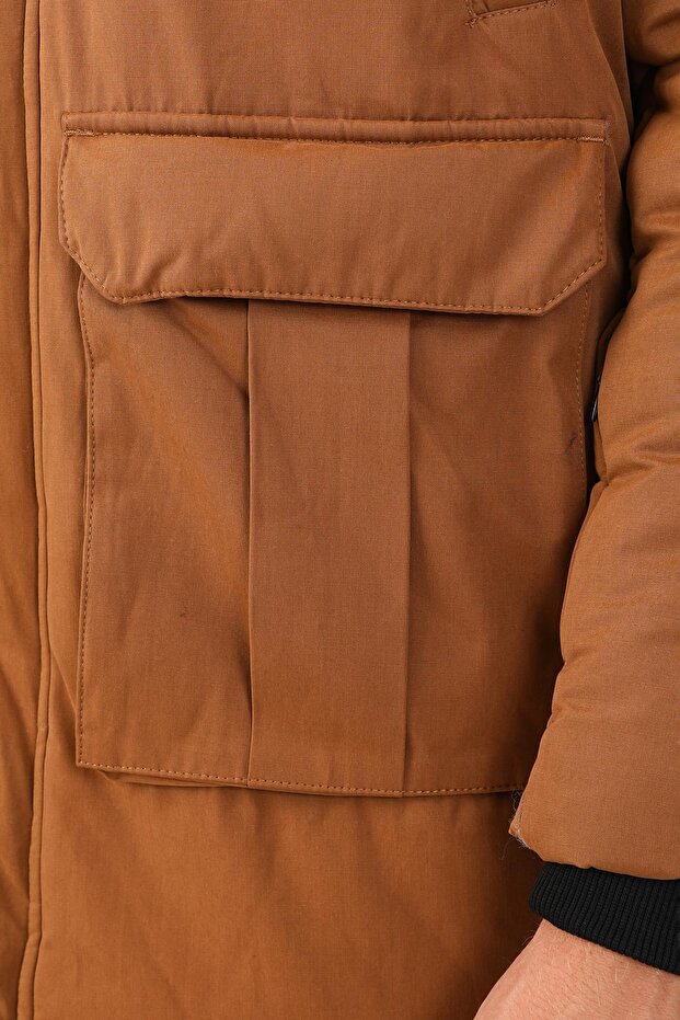 Regular Erkek Kapüşonlu Camel Parka - 5