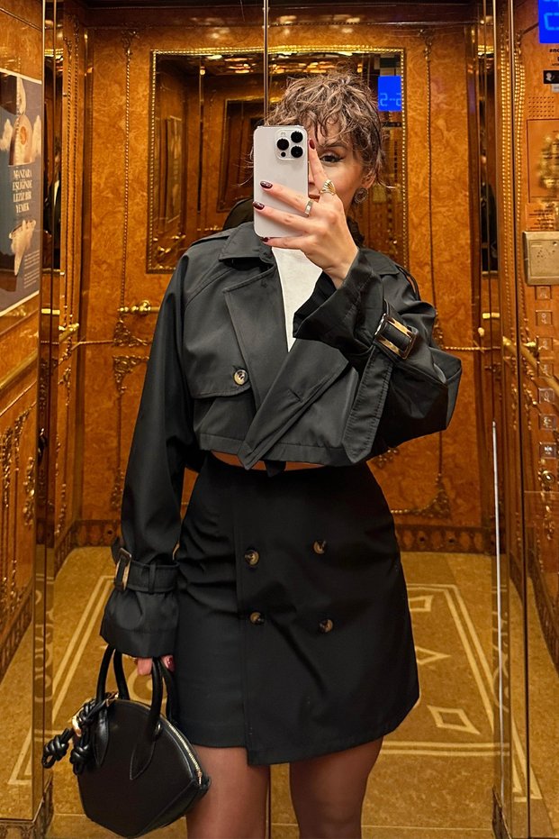Button Detail Skirted Trench Coat Suit