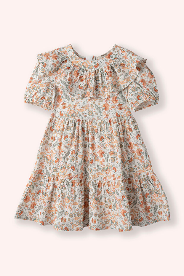 Girl's Floral Patterned Ecru Dress with Collar Detail