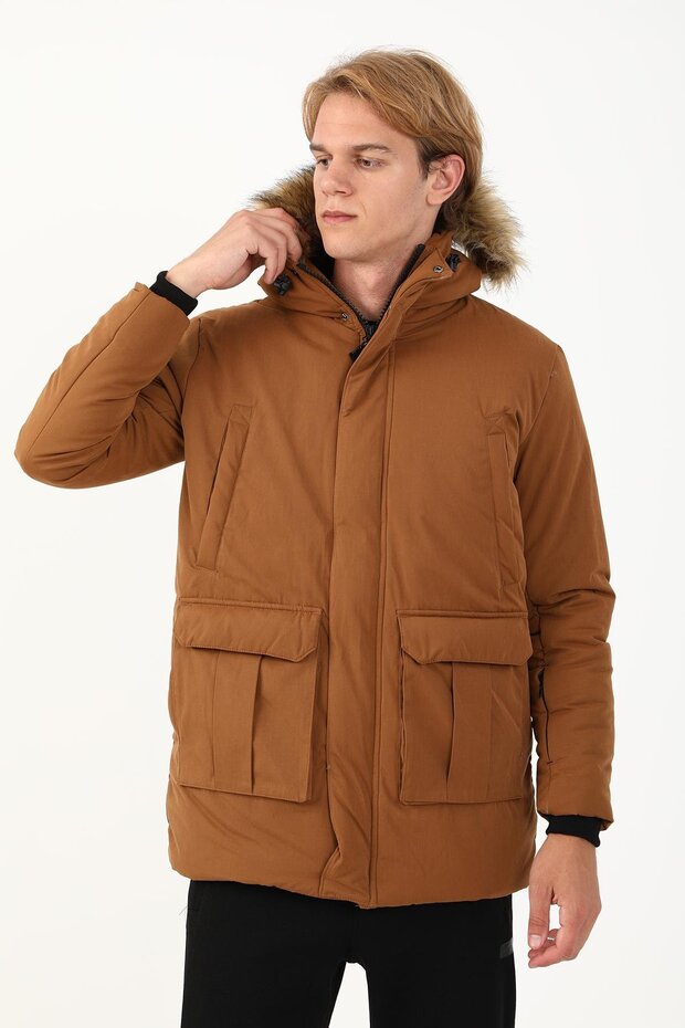 Regular Erkek Kapüşonlu Camel Parka - 1