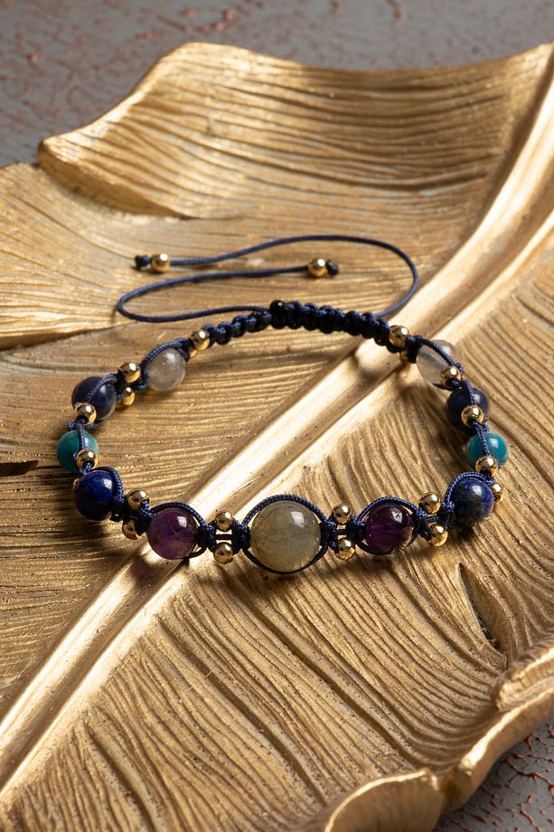 Sertifikalı Doğal Labradorit, Ametist, Lapis Lazuli, Apatit ve Sodalit Taşı Bileklik - 1