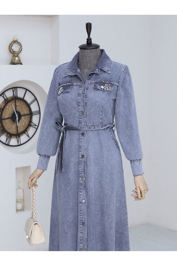 Taş Detaylı Boydan Düğmeli Kot Elbise -indigo - 3