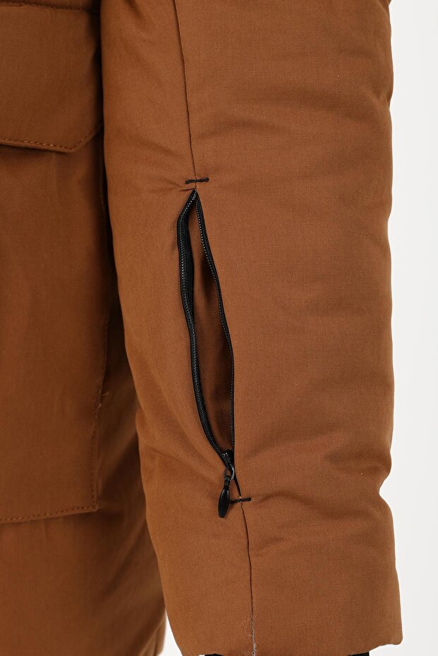Regular Erkek Kapüşonlu Camel Parka - 7