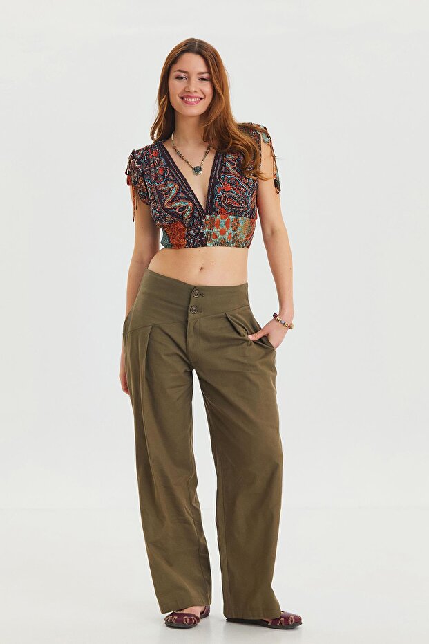 Bohemian Trousers with Pleated Bias Cut Buttons