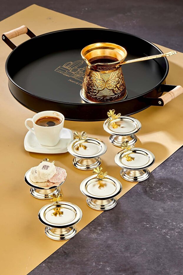 Decorative Metal 6-Piece Turkish Delight Holder, Coffee Serving Set - Butterfly Detailed