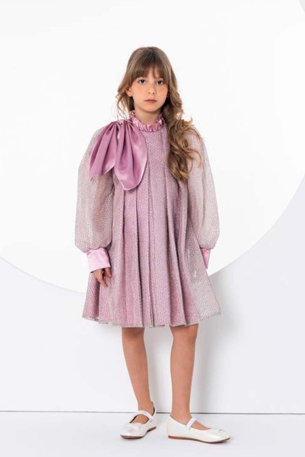 Girls' Shoulder Ribbon Detail Ruffled Neckline Striped Sequin Pleated Dusty Rose Dress