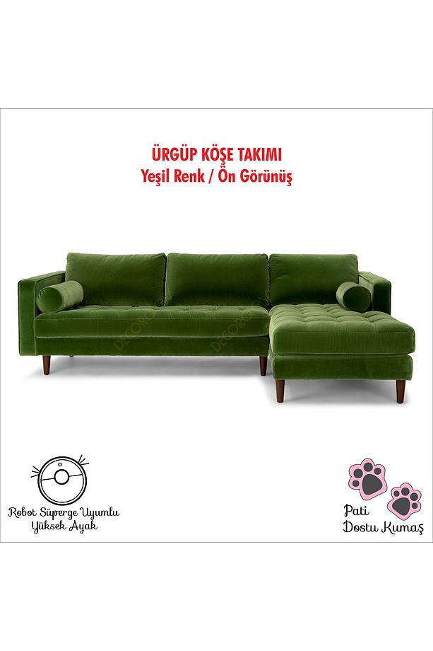 Ürgüp Yeşil Modern Rahat Köşe Takımı Yumuşak Sünger Yüksek Ayak Baby Face Kumaş Pofuduk Sağ Köşe - 4