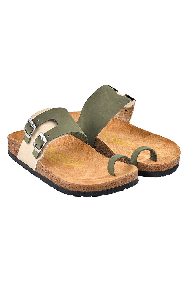 Genuine Leather Beige-Khaki Women's Slippers
