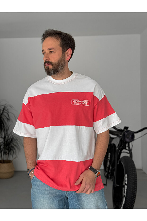 Nar Çiçeği Şeritli Something Nakışlı Oversize T-Shirt JJ-100 - 6