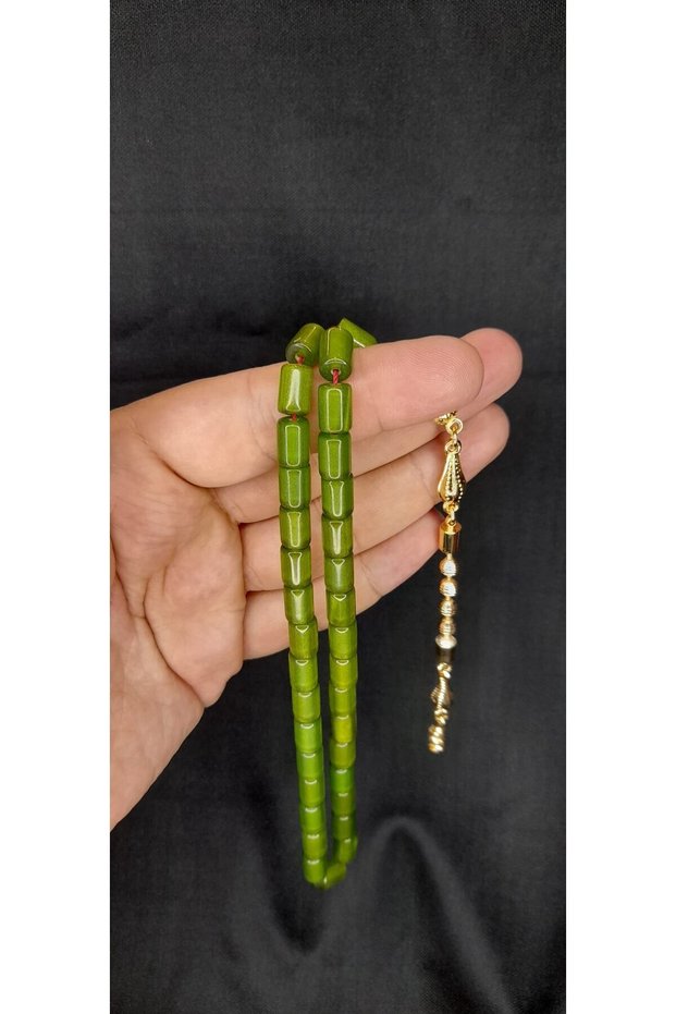 Crimped Rod Amber Prayer Beads Cask Cut Green Color T-307