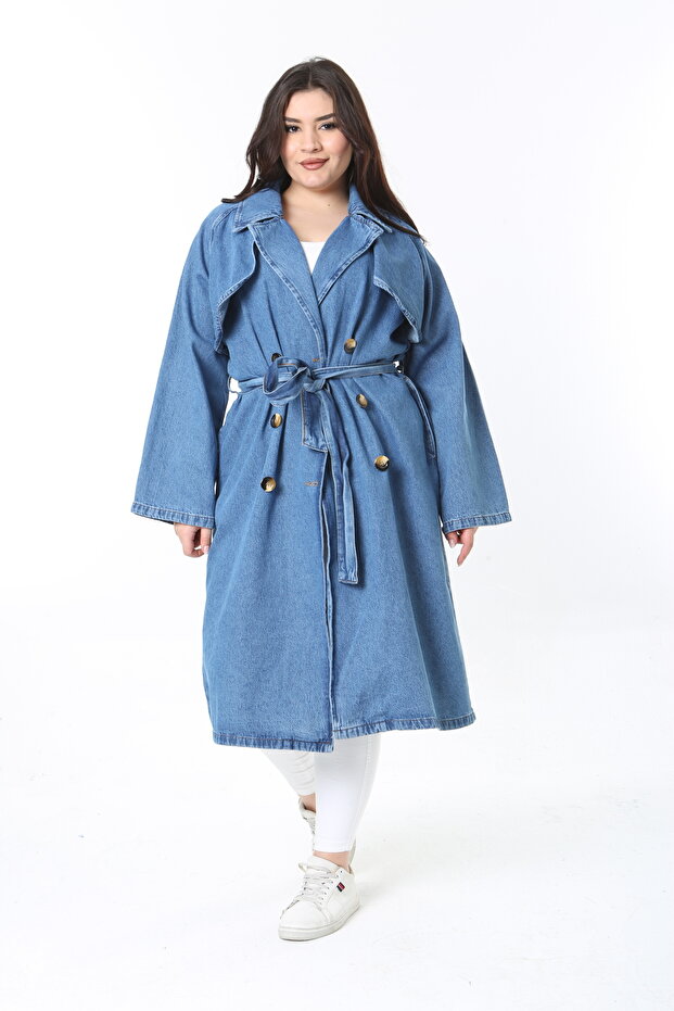 Women's Large Size Navy Blue Denim Fabric Front Buttoned Side Pocket Windbreaker Trench Coat 65N38881
