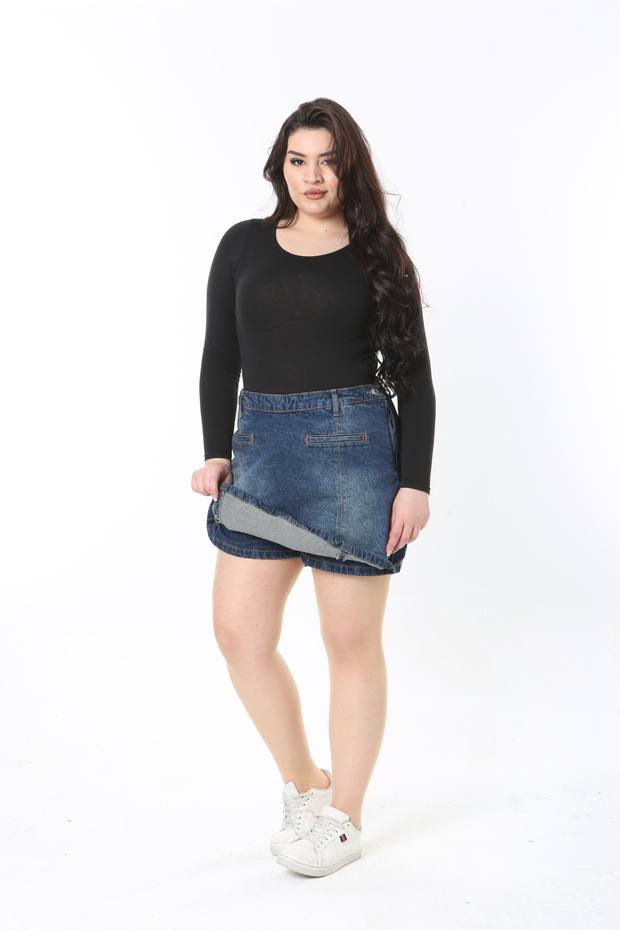 Women's Large Size Navy Blue Ornamental Flota Pocket Side Zipper Denim Shorts Skirt 65N38886