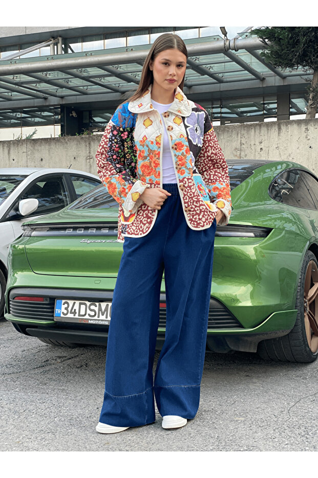 Kadın Patchwork Desenli Oversize Ceket - 6