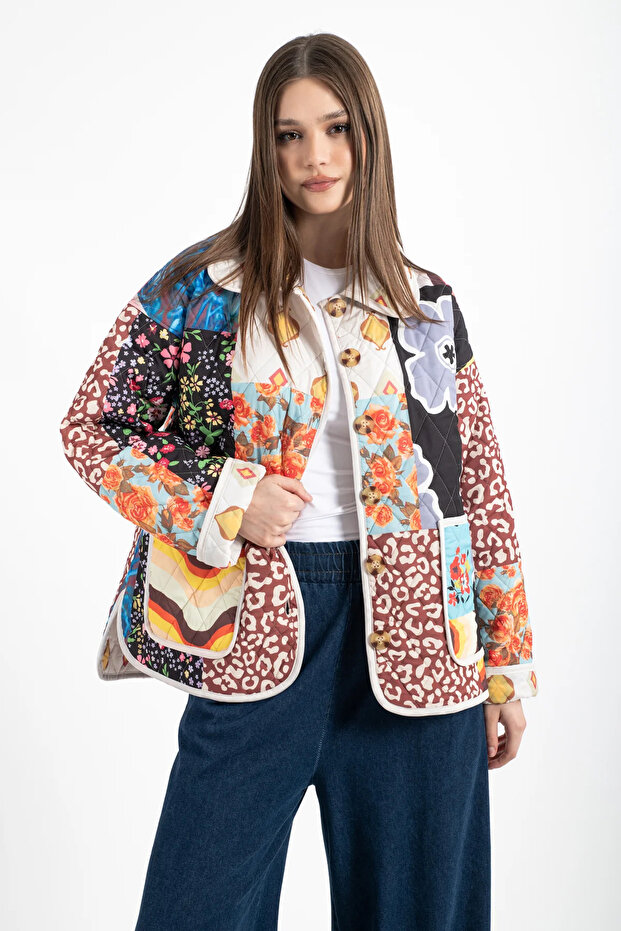 Kadın Patchwork Desenli Oversize Ceket - 5