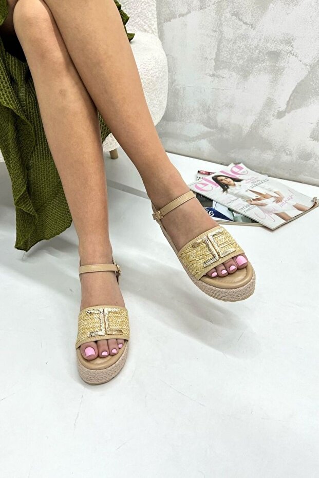 Beige Straw Wedge Heel Women's Sandals Ew7016