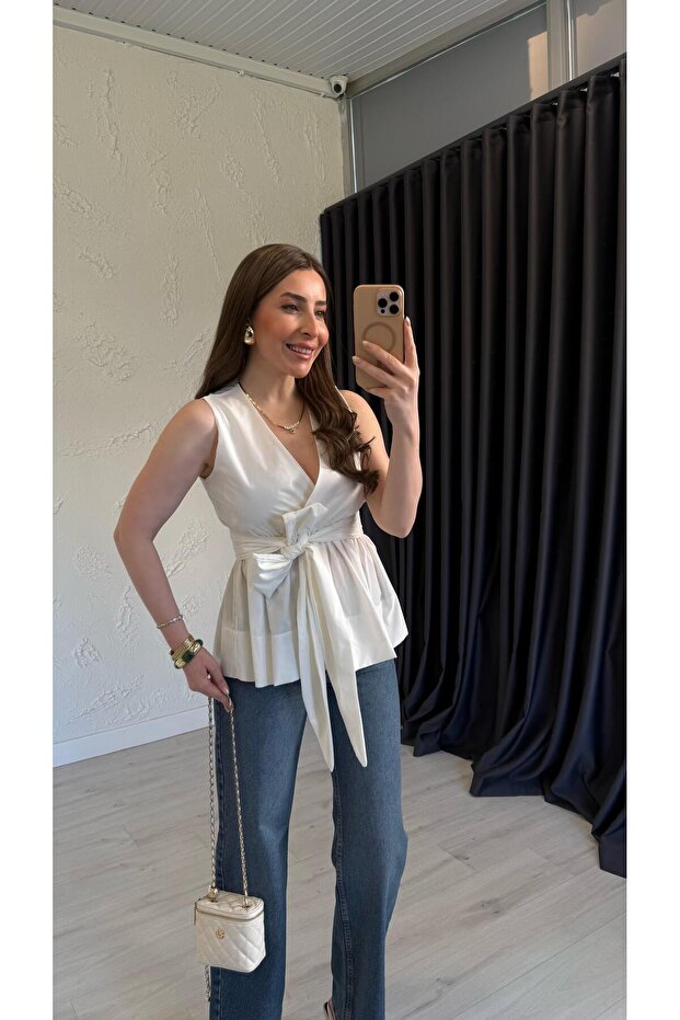 Belted Wrap Collar Blouse Ecru