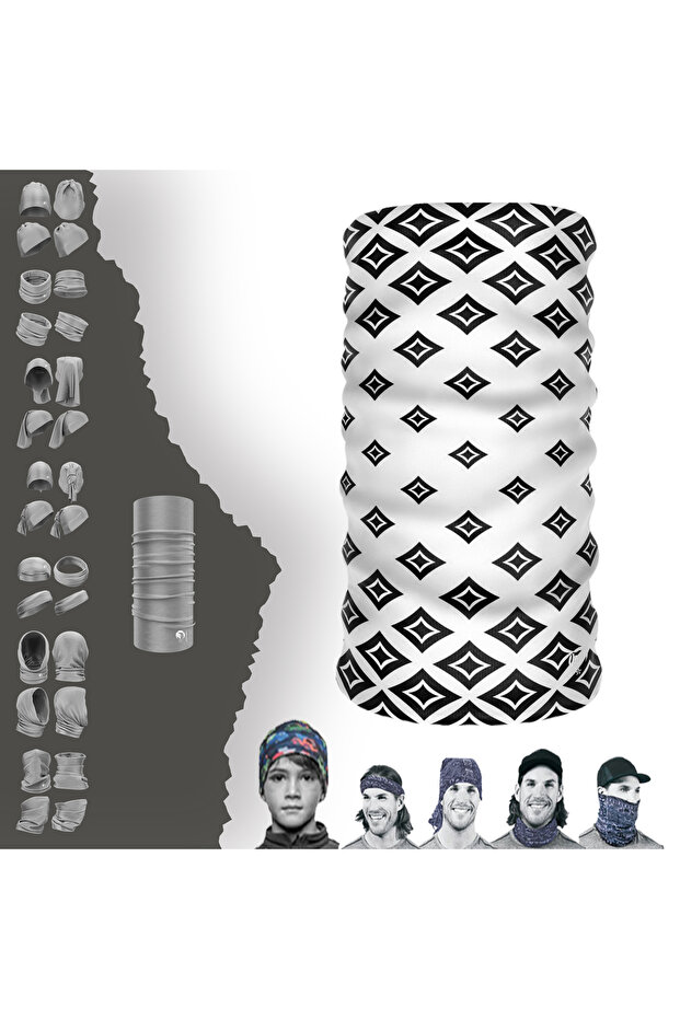 Black and White Geometric Patterned Seamless Tube Neck Collar Buff Buff Bandana Mask Bonnet Hair Band