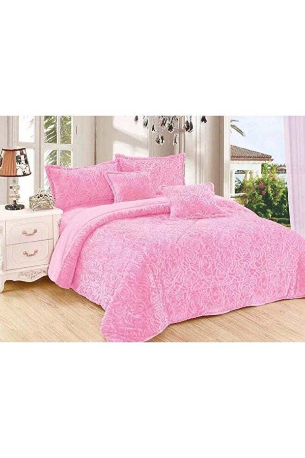 6-Piece Rose Fur King Comforter Set Cotton Light Pink