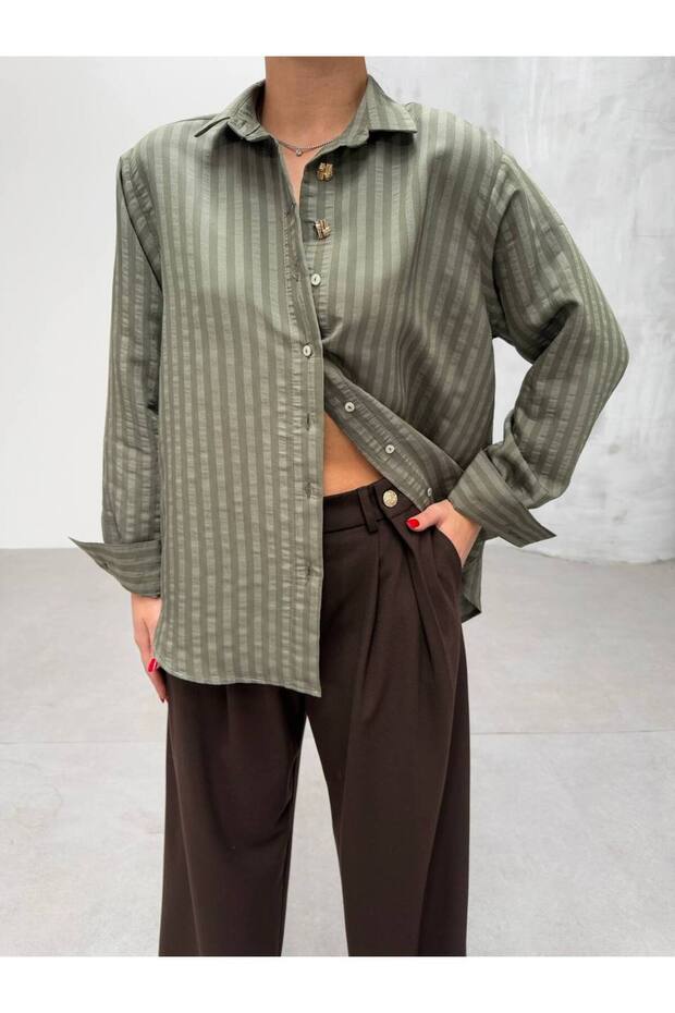 Khaki Striped Buttoned Long Sleeve Shirt with Stones