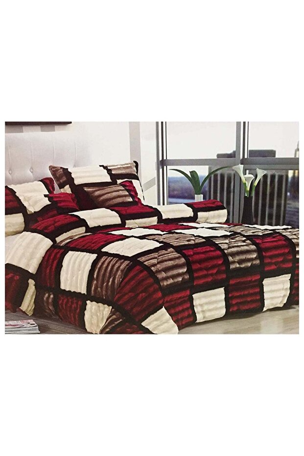 KING SIZE FAUX FUR 6 PIECE RED & BLACK CHECKERED COMFORTER SET