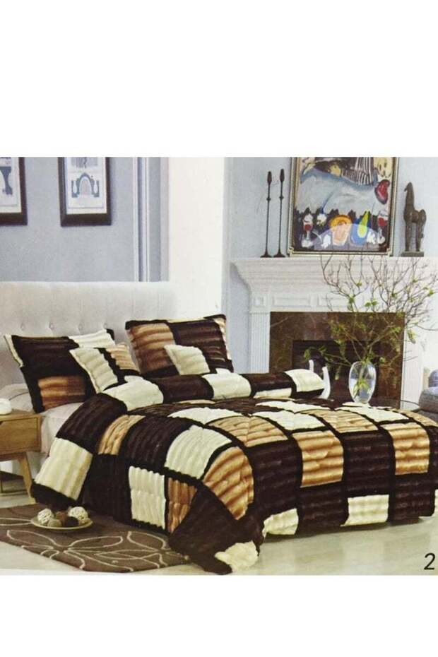 FAUX FUR 6 PIECE CHECKERED BROWN KING SIZE COMFORTER SET