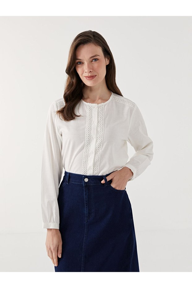Lcw Grace Ecru Crew Neck Lace Detail Women's Blouse