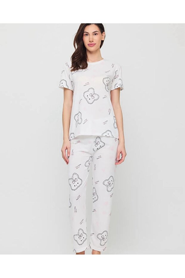 Crew Neck Short Sleeve Teddy Bear Heart Figured Cotton Combed Pajama Set