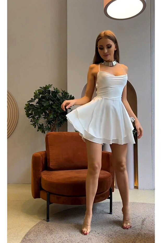 Satin Flounce White Dress with Surprise Gift