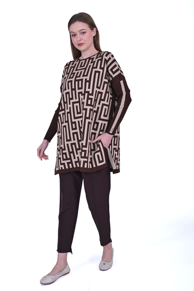 6872 Labirent Desen Triko Tunik - Kahve - 6