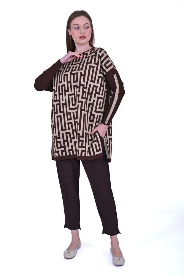 6872 Labirent Desen Triko Tunik - Kahve - 2