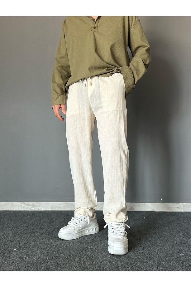 Keten Kumaş Bağcıklı Bej Baggy Jogger - 1