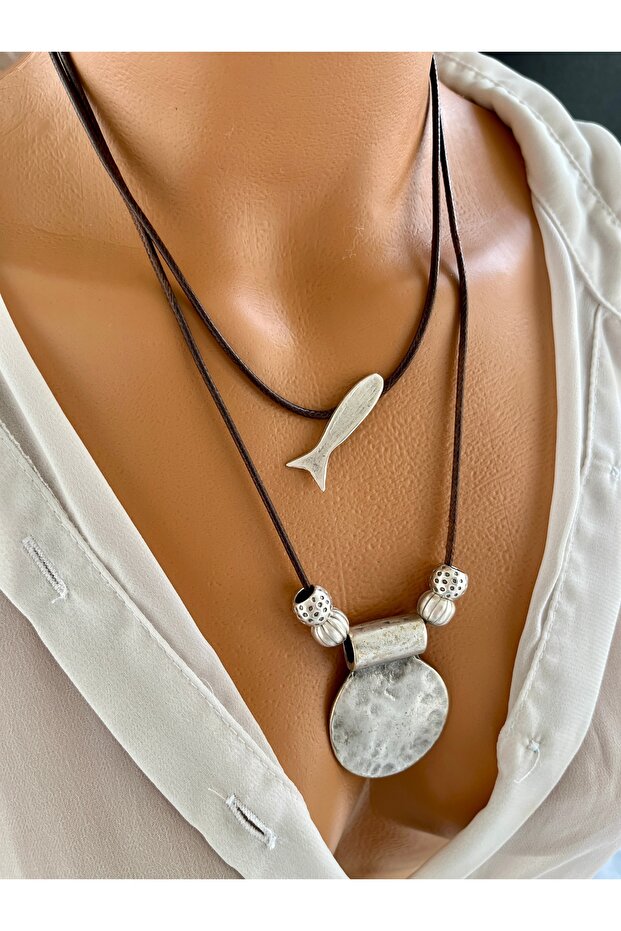 Balık figürlü bohem çoklu deri kolye (2 adet) - 2