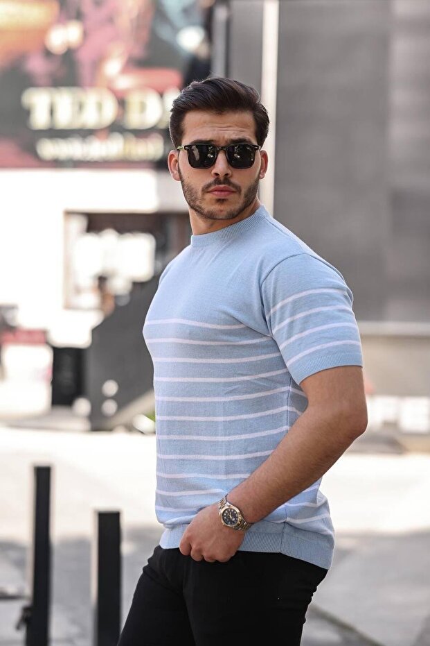 Bebe Mavi Çizgili Basic Örme Triko Tshirt - 3