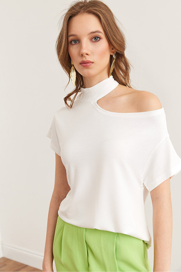Women's White One Shoulder Low-Cut Viscose Blouse Blz- 19002882
