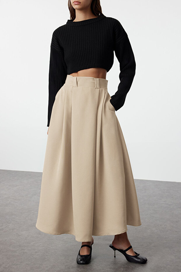 Beige Pleated Maxi Length Woven Skirt Tedaw25Et00000