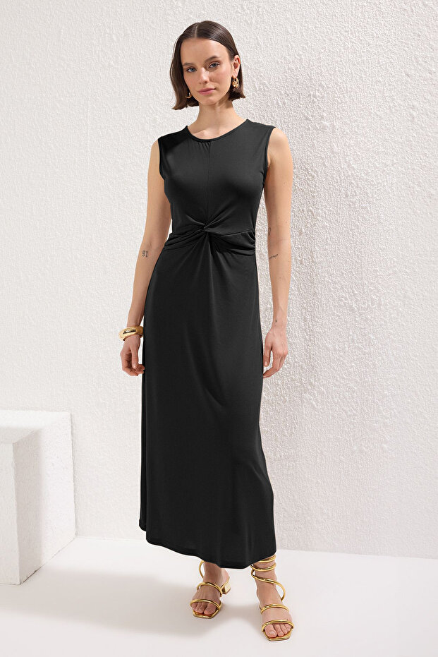 Siyah Düz Büzgü / Drape Maxi More Sustainable Modal Burgu Detaylı Esnek Örme Elbise TWOSS25EL00385 - 3